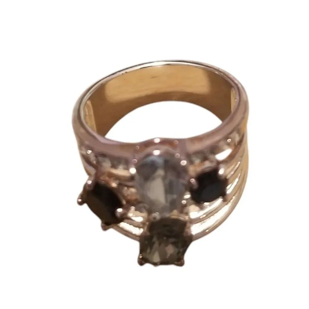 Silver Plated Grey, Onyx, and Clear Cubic Zirconia Ring Size 7